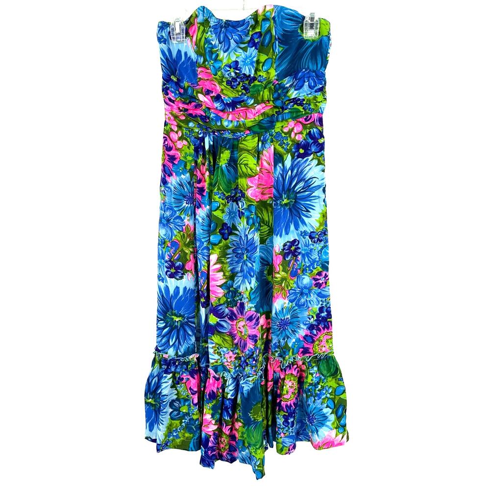 Plenty Size 4 Dress Blue Neon Floral Bright Strapless Ruffle Built in Bra